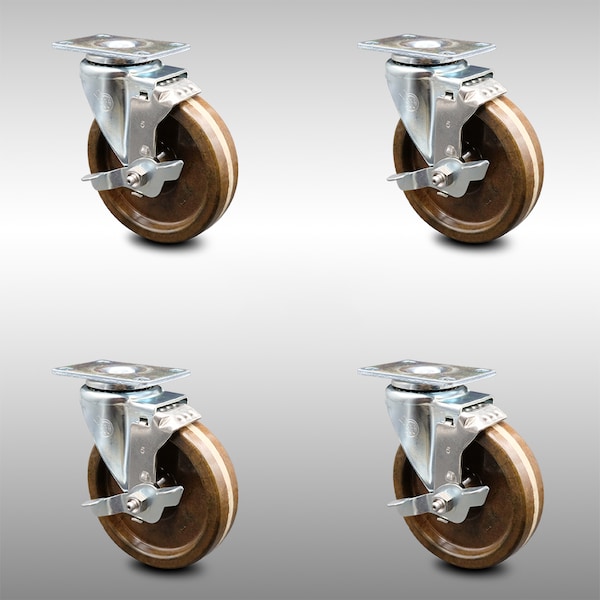 5 Inch SS High Temp Phenolic Swivel Top Plate Caster Set with Brake SCC